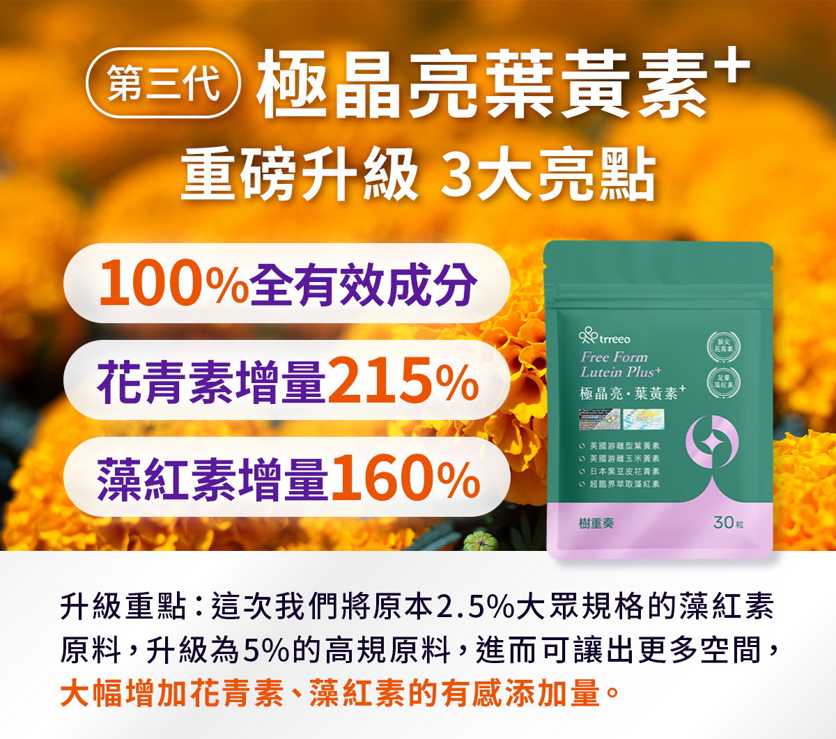 極晶亮葉黃素添加FloraGLO葉黃素、ZeaONE玉米黃素、Kuromanin日本黑豆晶華、高濃度山桑子花青素