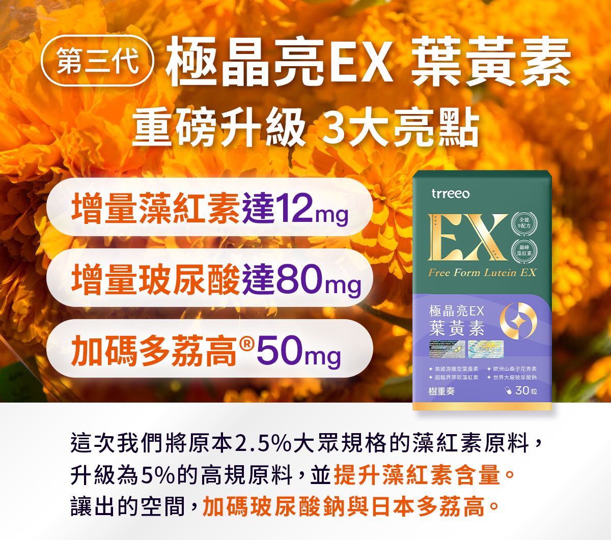 樹重奏極晶亮EX葉黃素，極致晶亮的巔峰，添加8大晶亮精華，葉黃素、玉米黃素、花青素、藻紅素通通有