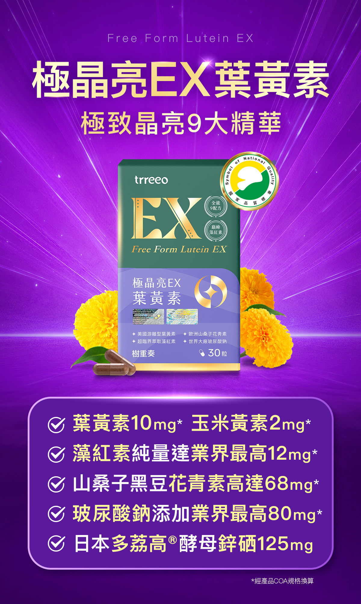 樹重奏極晶亮EX葉黃素，極致晶亮的巔峰，添加8大晶亮精華，葉黃素、玉米黃素、花青素、藻紅素通通有
